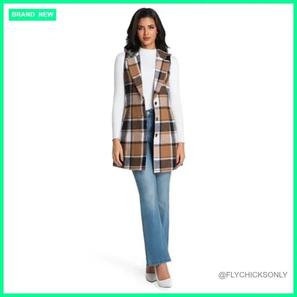 Long Wool Blend Plaid Vest Sleeveless Blazer Trench Coat